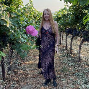 Long pink and black patterned & lined All Saints maxi dress with delicate straps